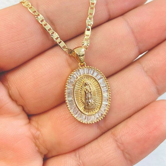 Virgen de Guadalupe Pendant Necklace CZ Stones for Womens Mens 22x17mm in Gold F - Picture 2 of 7